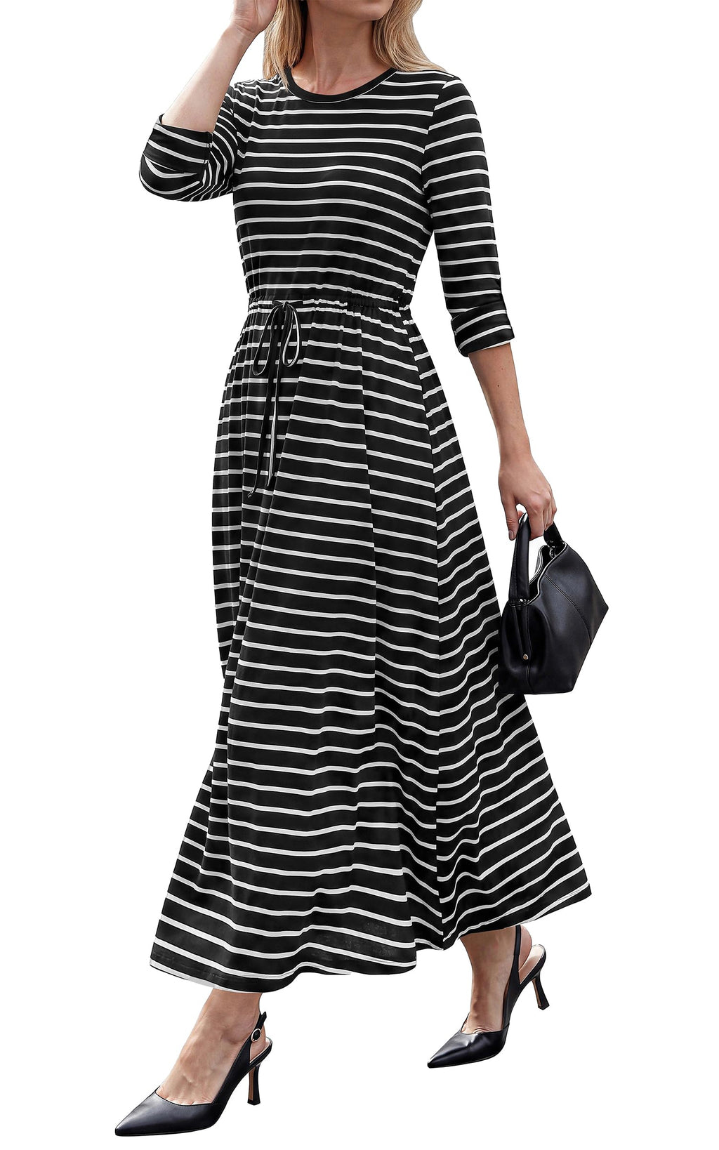 FreshPretty Long Sleeve Maxi Dresses for Women Fall Casual Loose Striped Dress|Cotton T Shirt Dress, Loose Fit Dress with Pocket, Business Casual Work Teacher, Fall Outfits
