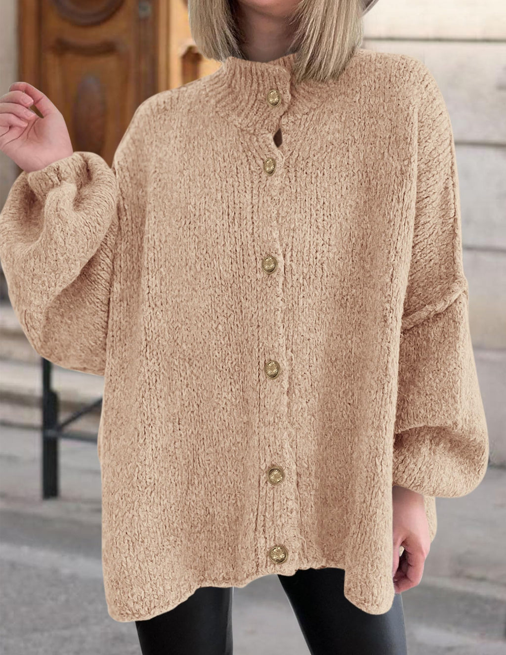 PRETTYGARDEN Women's Winter Button Down Cardigan Sweaters Mock Neck Lantern Long Sleeve Chunky Knit Jacket Trendy Outerwear