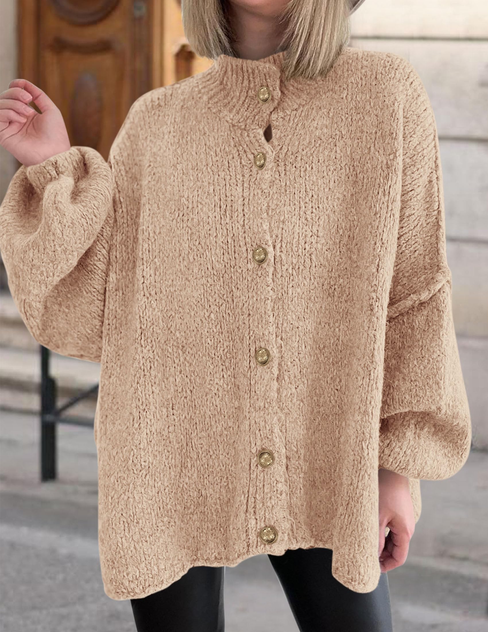 PRETTYGARDEN Women's Winter Button Down Cardigan Sweaters Mock Neck Lantern Long Sleeve Chunky Knit Jacket Trendy Outerwear