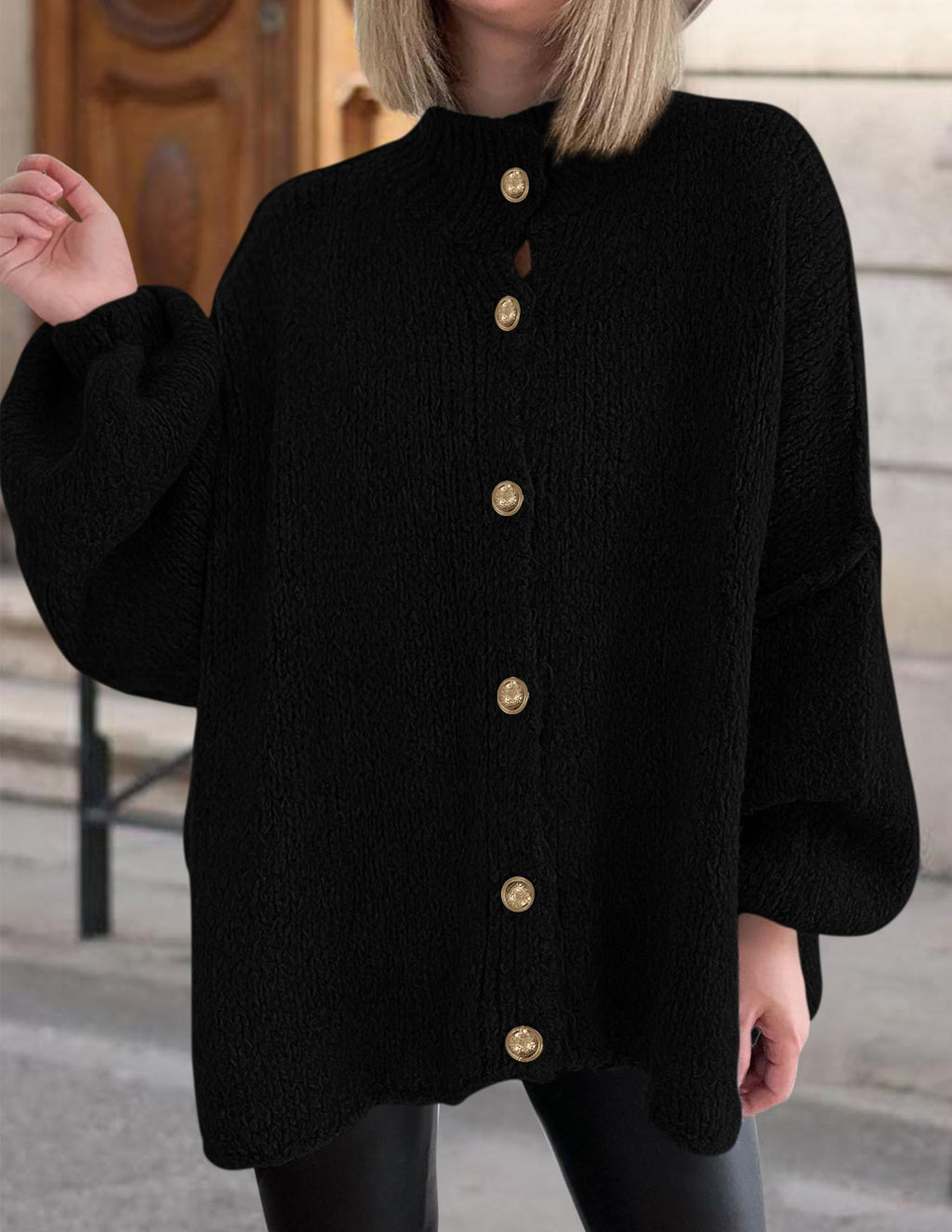 PRETTYGARDEN Women's Winter Button Down Cardigan Sweaters Mock Neck Lantern Long Sleeve Chunky Knit Jacket Trendy Outerwear