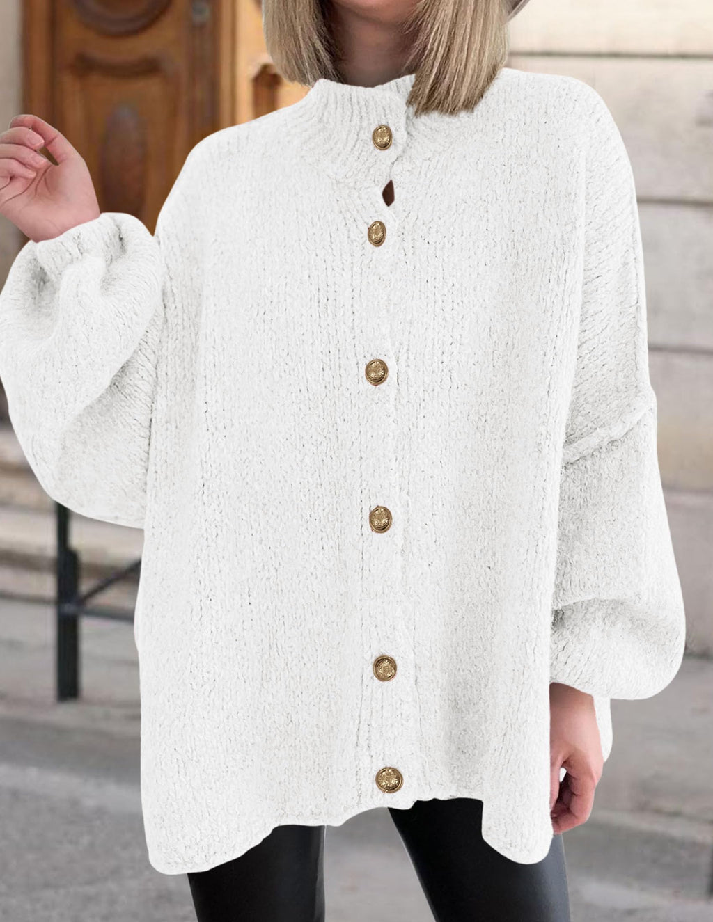 PRETTYGARDEN Women's Winter Button Down Cardigan Sweaters Mock Neck Lantern Long Sleeve Chunky Knit Jacket Trendy Outerwear