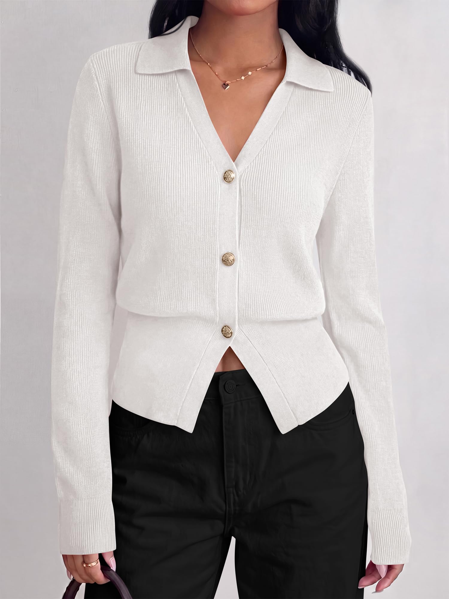 BTFBM Women Long Sleeve Lightweight Cardigans Knitted Button Down Shirts Lapel V Neck, Cropped Sweaters, Slim Fit, Ribbed, Y2K Going Out Tops, Business Casual Outfits, Spring, Fall, Winter Layering