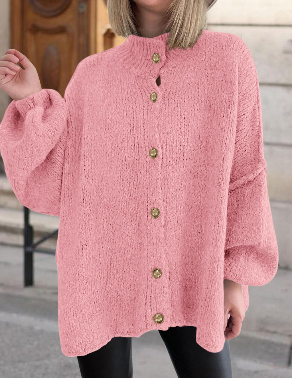 PRETTYGARDEN Women's Winter Button Down Cardigan Sweaters Mock Neck Lantern Long Sleeve Chunky Knit Jacket Trendy Outerwear