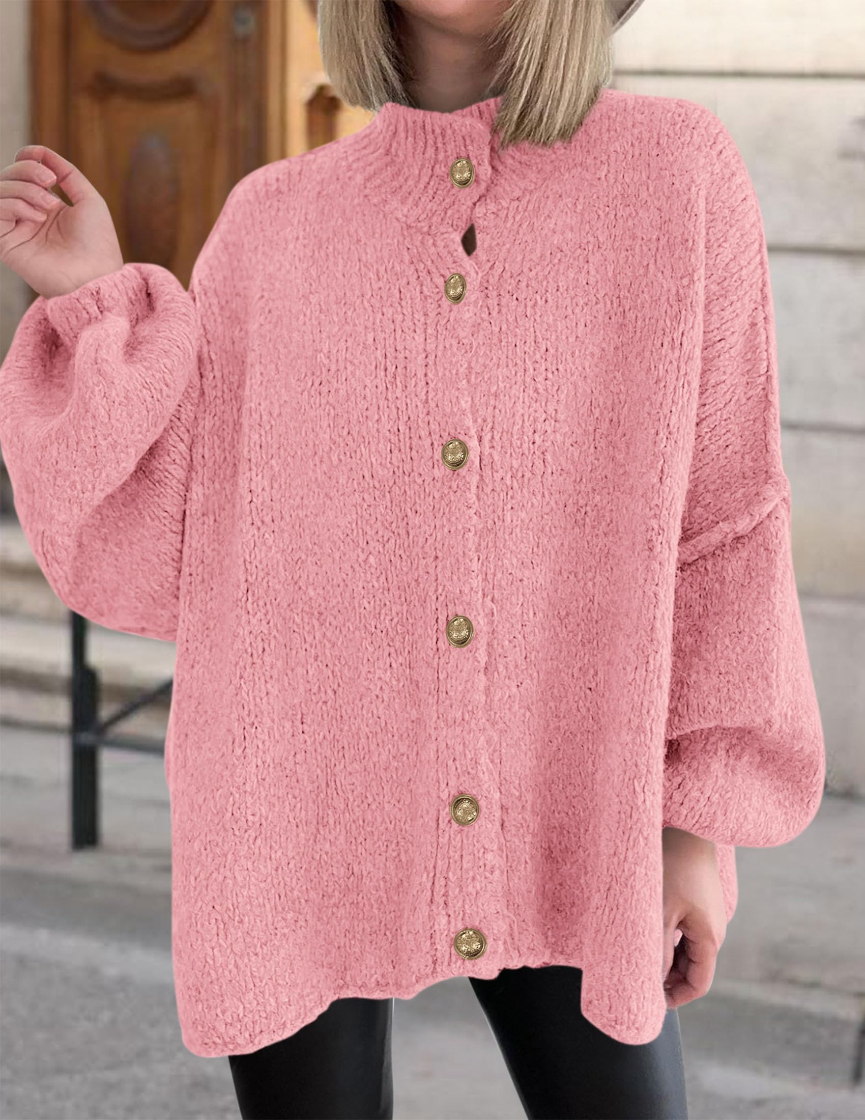 PRETTYGARDEN Women's Winter Button Down Cardigan Sweaters Mock Neck Lantern Long Sleeve Chunky Knit Jacket Trendy Outerwear