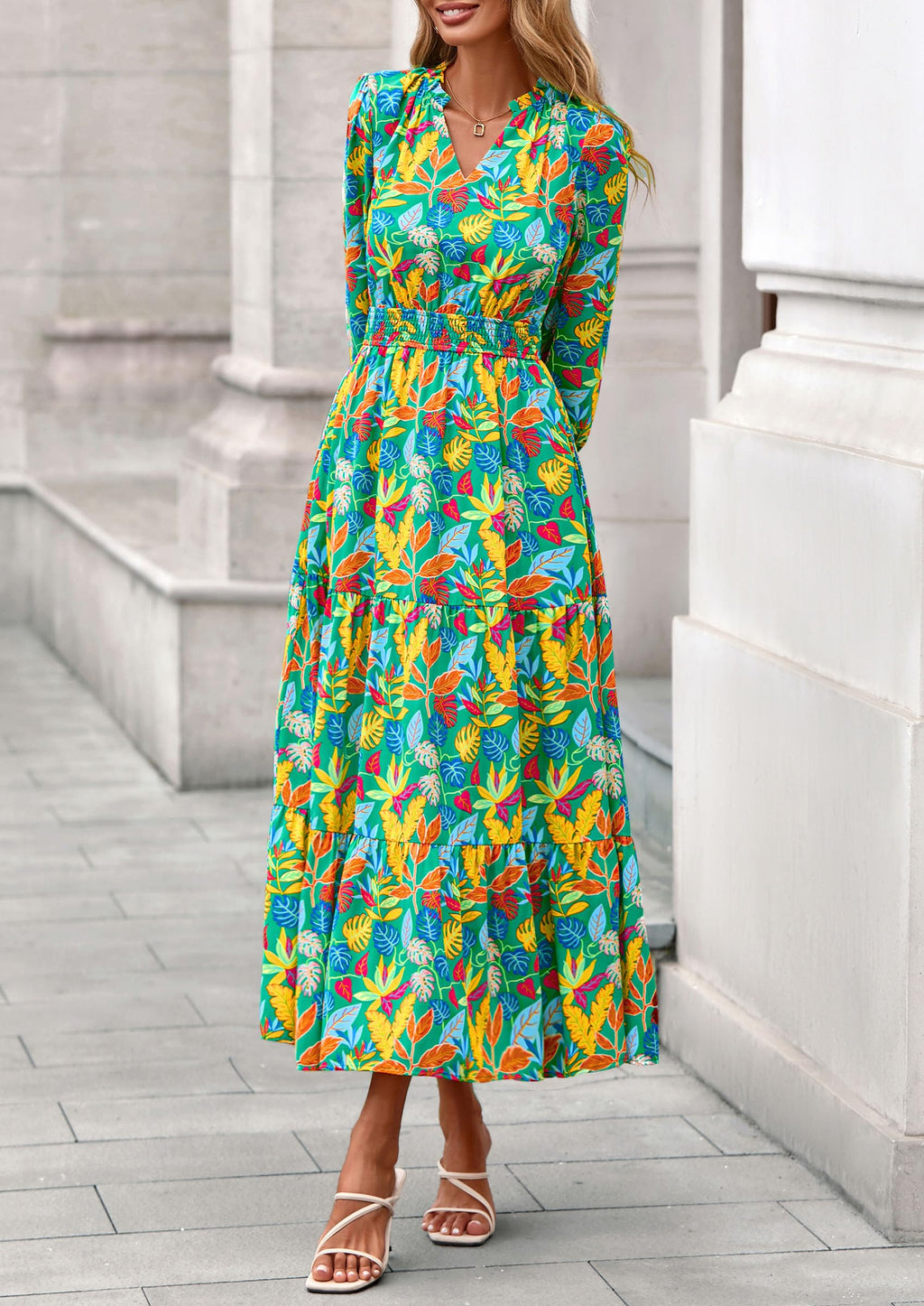 PRETTYGARDEN Women's Floral Maxi Dress Fall Long Sleeve V Neck Casual A Line Long Flowy Boho Party Dresses