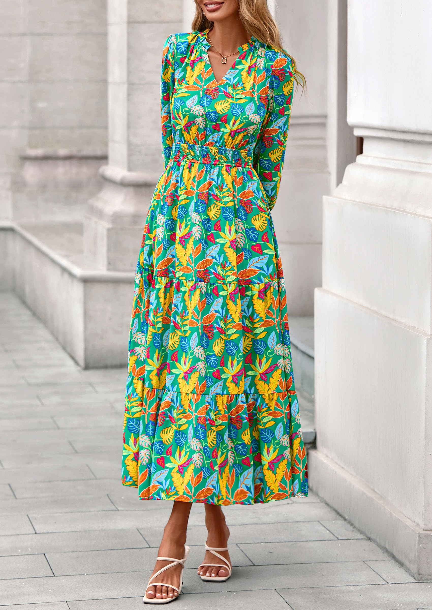 PRETTYGARDEN Women's Floral Maxi Dress Fall Long Sleeve V Neck Casual A Line Long Flowy Boho Party Dresses