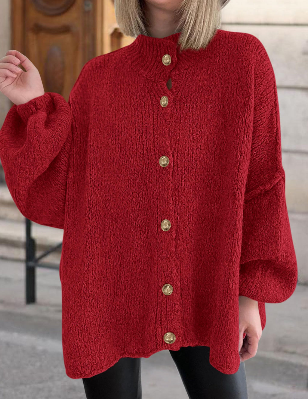 PRETTYGARDEN Women's Winter Button Down Cardigan Sweaters Mock Neck Lantern Long Sleeve Chunky Knit Jacket Trendy Outerwear