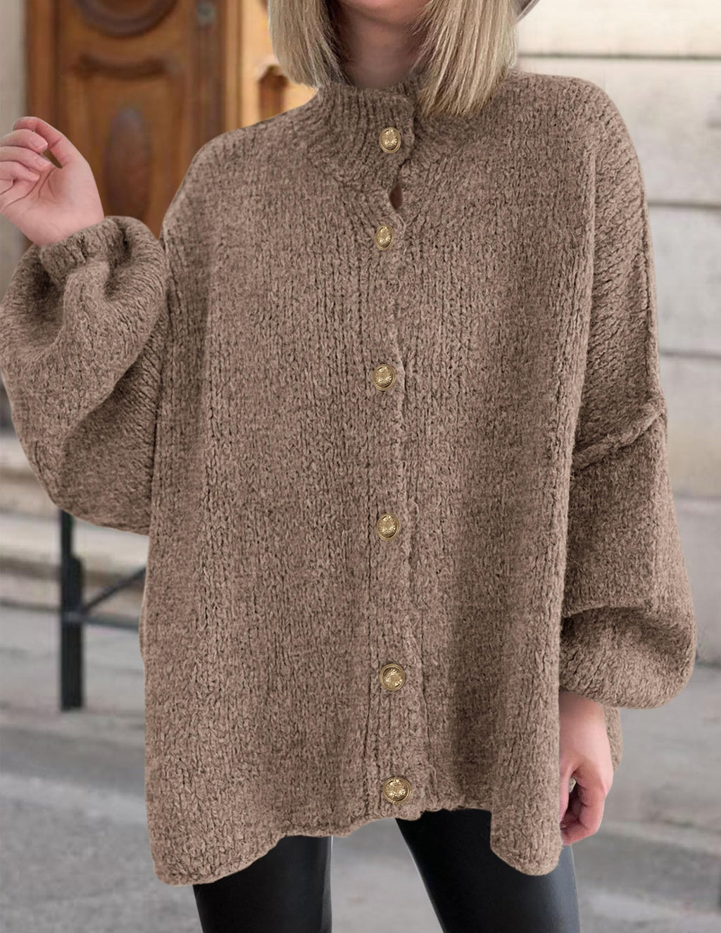 PRETTYGARDEN Women's Winter Button Down Cardigan Sweaters Mock Neck Lantern Long Sleeve Chunky Knit Jacket Trendy Outerwear