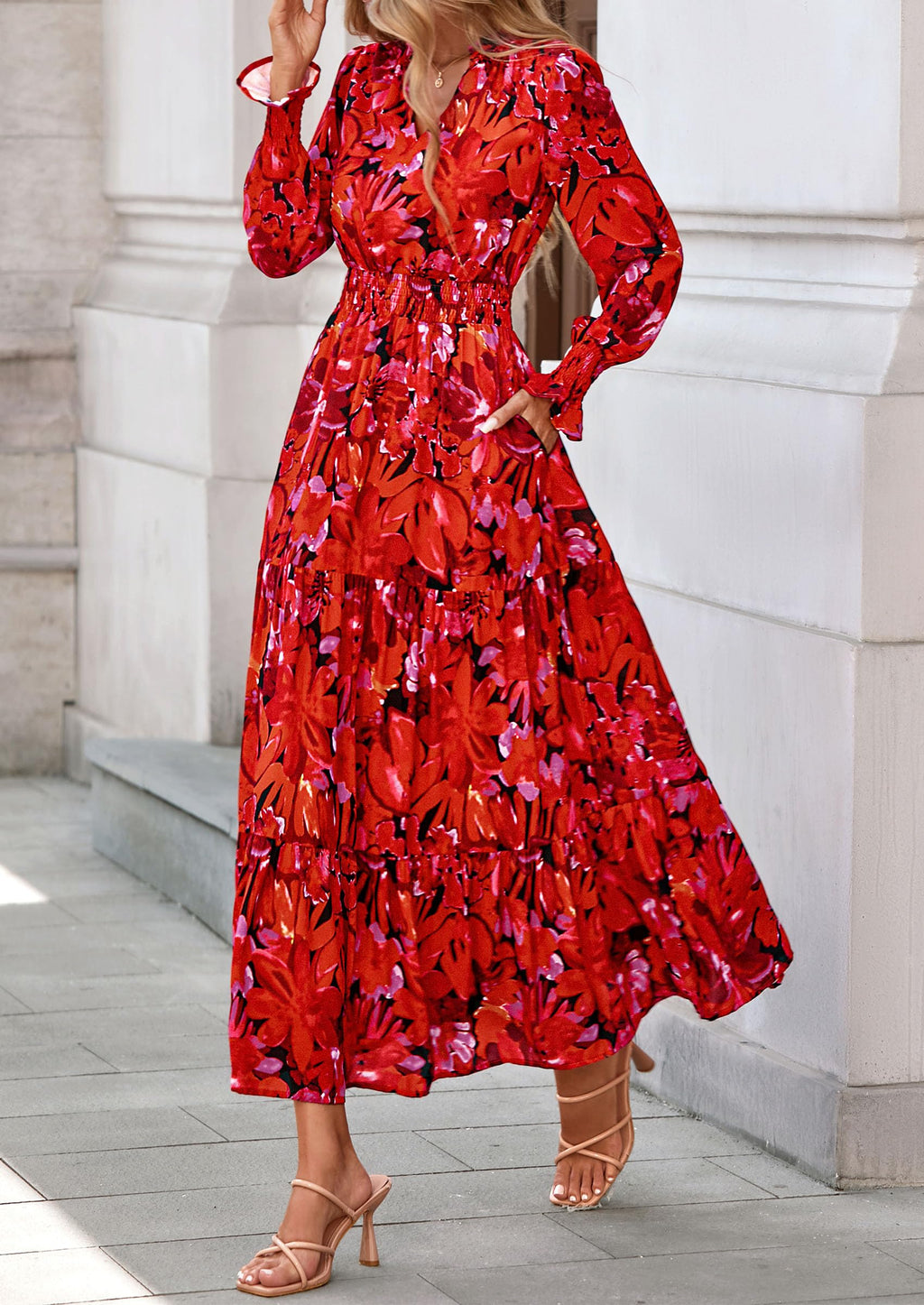 PRETTYGARDEN Women's Floral Maxi Dress Fall Long Sleeve V Neck Casual A Line Long Flowy Boho Party Dresses