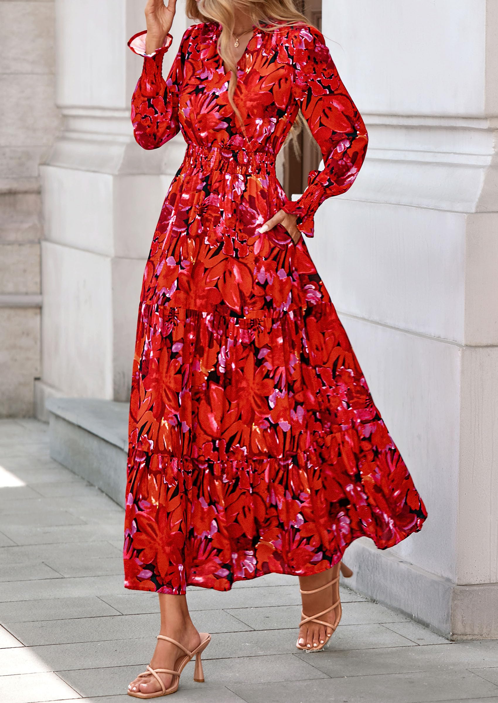 PRETTYGARDEN Women's Floral Maxi Dress Fall Long Sleeve V Neck Casual A Line Long Flowy Boho Party Dresses