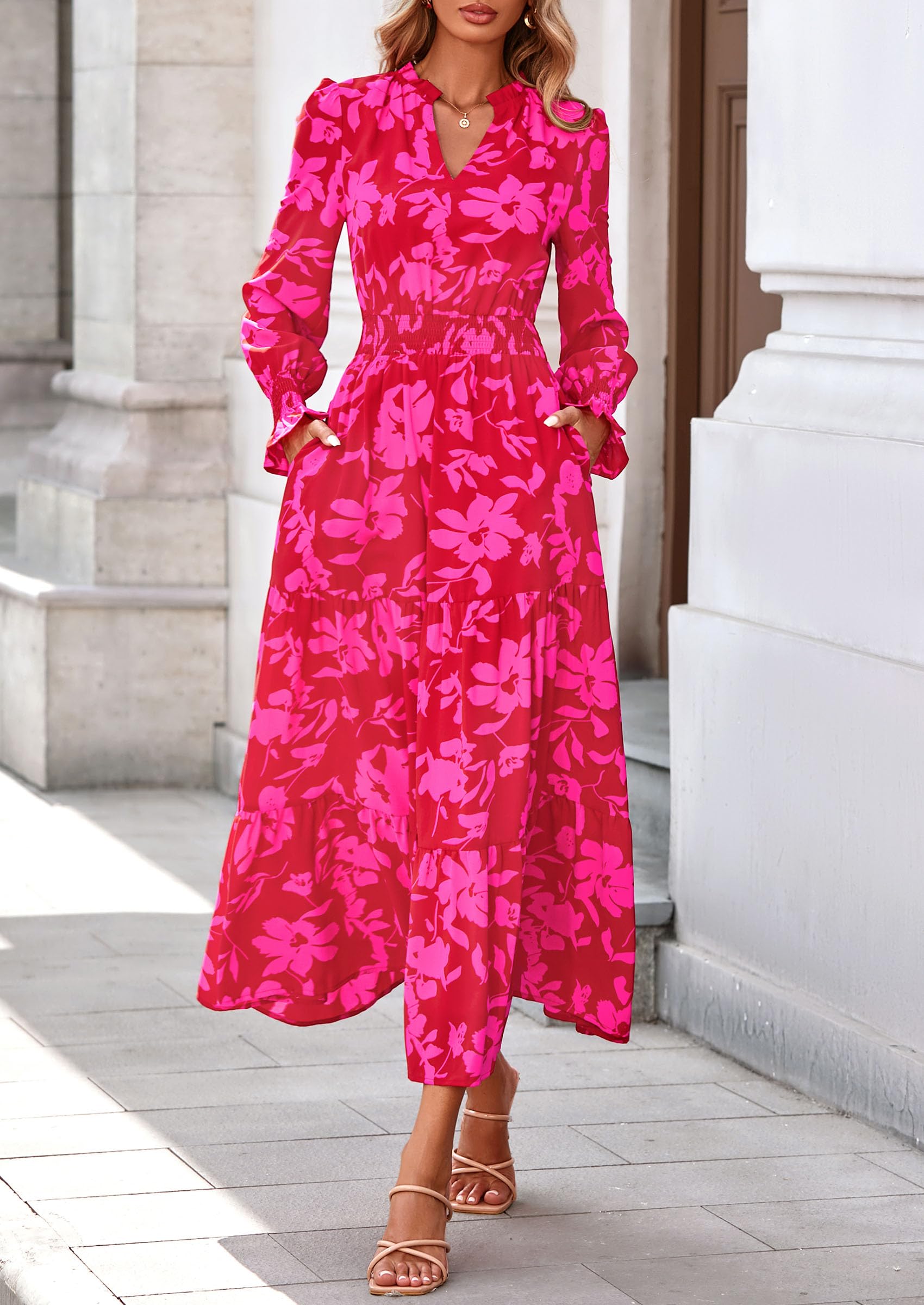 PRETTYGARDEN Women's Floral Maxi Dress Fall Long Sleeve V Neck Casual A Line Long Flowy Boho Party Dresses