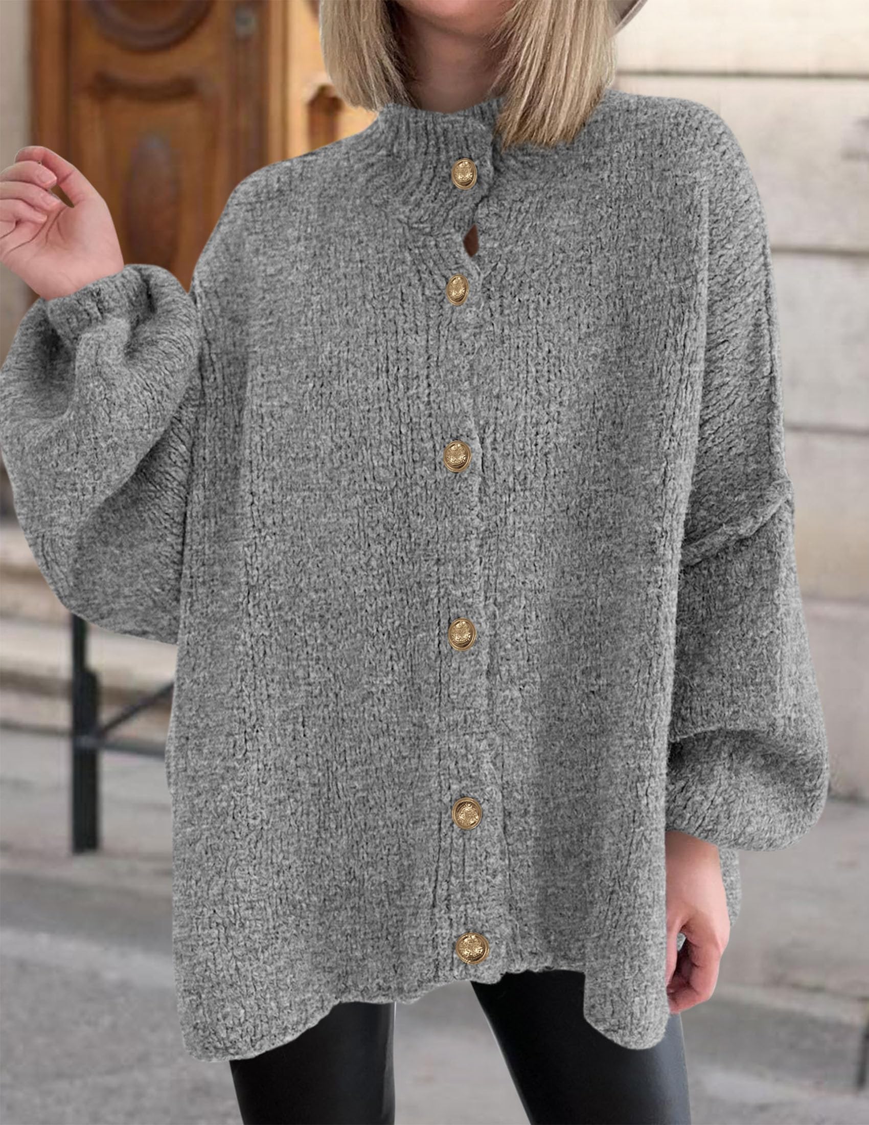 PRETTYGARDEN Women's Winter Button Down Cardigan Sweaters Mock Neck Lantern Long Sleeve Chunky Knit Jacket Trendy Outerwear