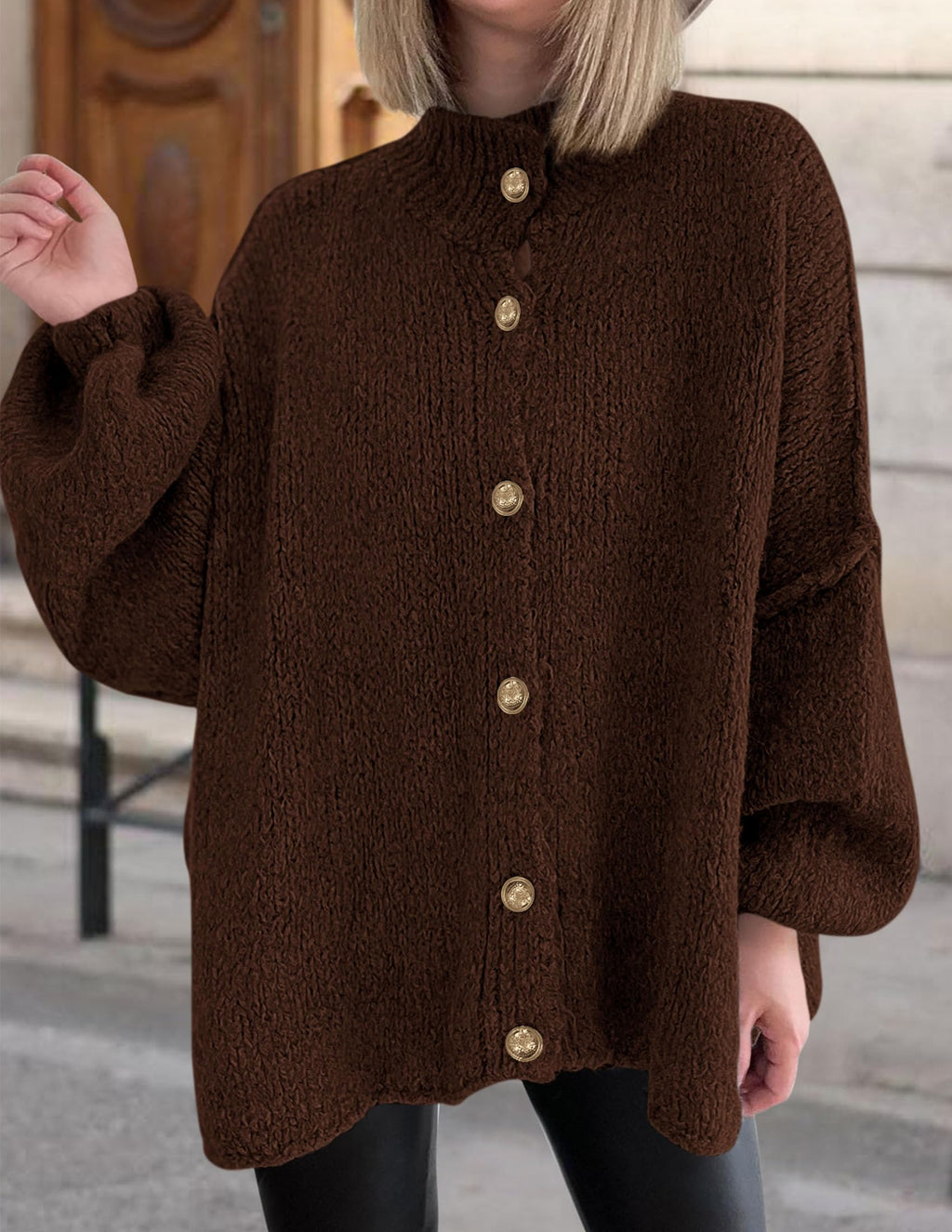 PRETTYGARDEN Women's Winter Button Down Cardigan Sweaters Mock Neck Lantern Long Sleeve Chunky Knit Jacket Trendy Outerwear