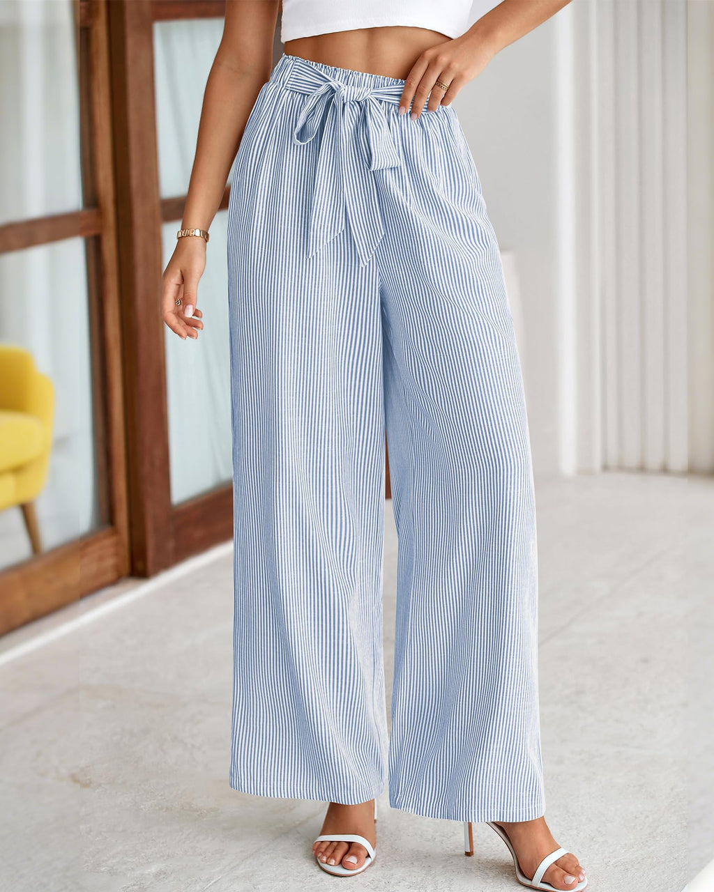 FreshPretty Palazzo Pants for Women  Fall Striped Flowy Tie Knot Wide Leg High Waist Dressy Casual Work Pants Trousers