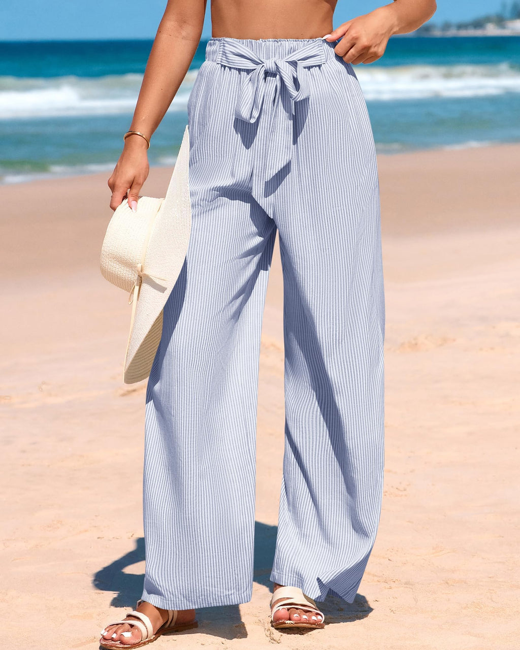FreshPretty Palazzo Pants for Women  Fall Striped Flowy Tie Knot Wide Leg High Waist Dressy Casual Work Pants Trousers