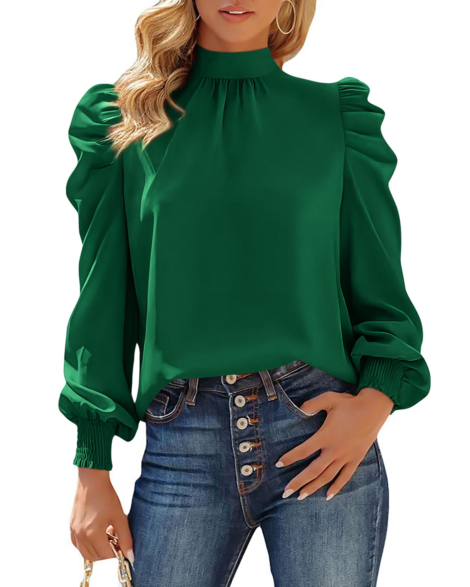 FreshPretty Mock Neck Long Sleeve Blouses for Women Dressy Casual Business Work Shirts Spring Fall Clothes Satin Tops