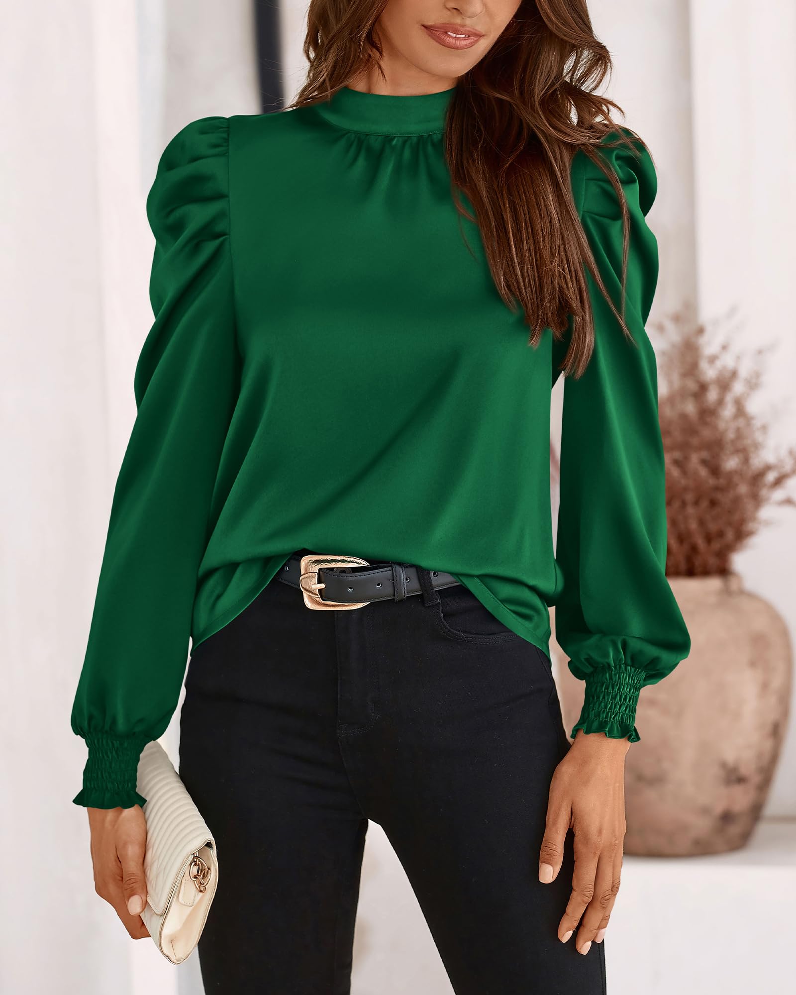 FreshPretty Mock Neck Long Sleeve Blouses for Women Dressy Casual Business Work Shirts Spring Fall Clothes Satin Tops