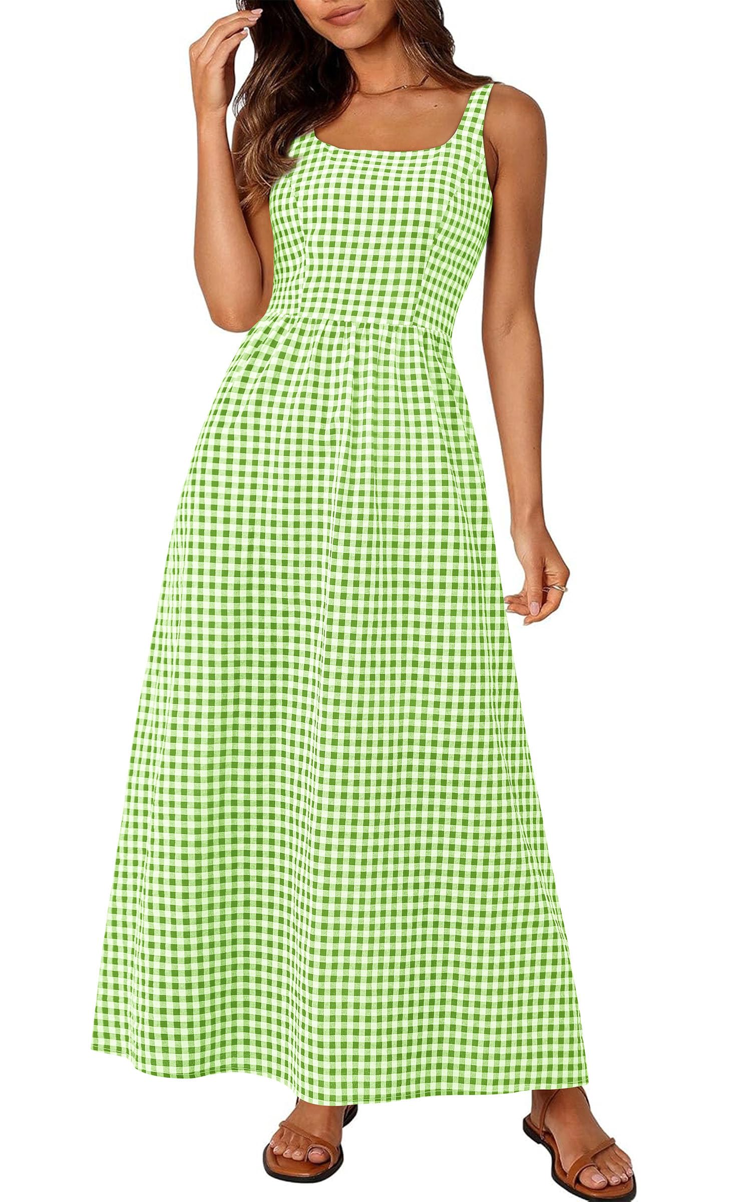 PRETTYGARDEN Women's Summer Spaghetti Strap Maxi Dresses Plaid Square Neck A Line Casual Beach Vacation Long Sundress