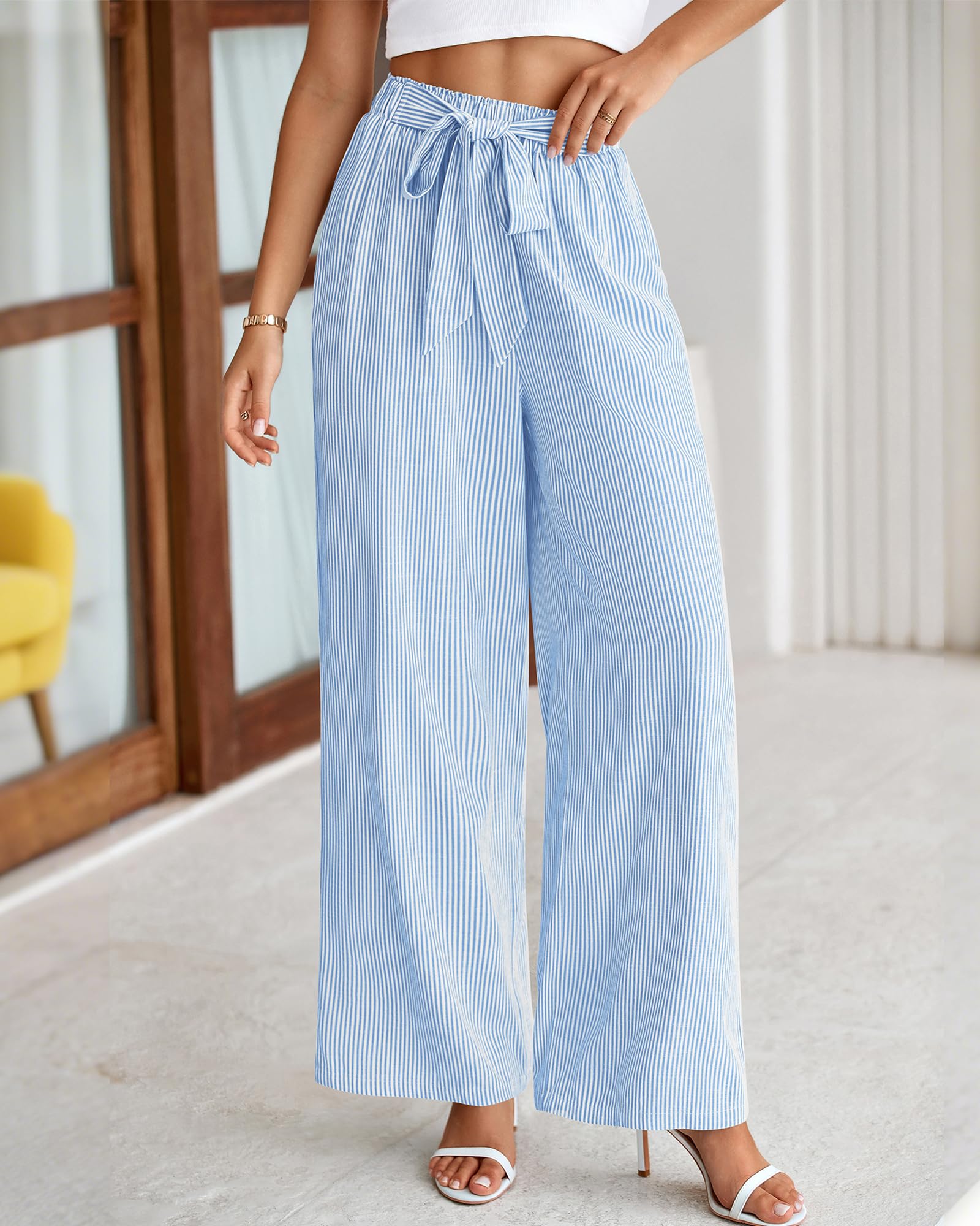 FreshPretty Palazzo Pants for Women  Fall Striped Flowy Tie Knot Wide Leg High Waist Dressy Casual Work Pants Trousers