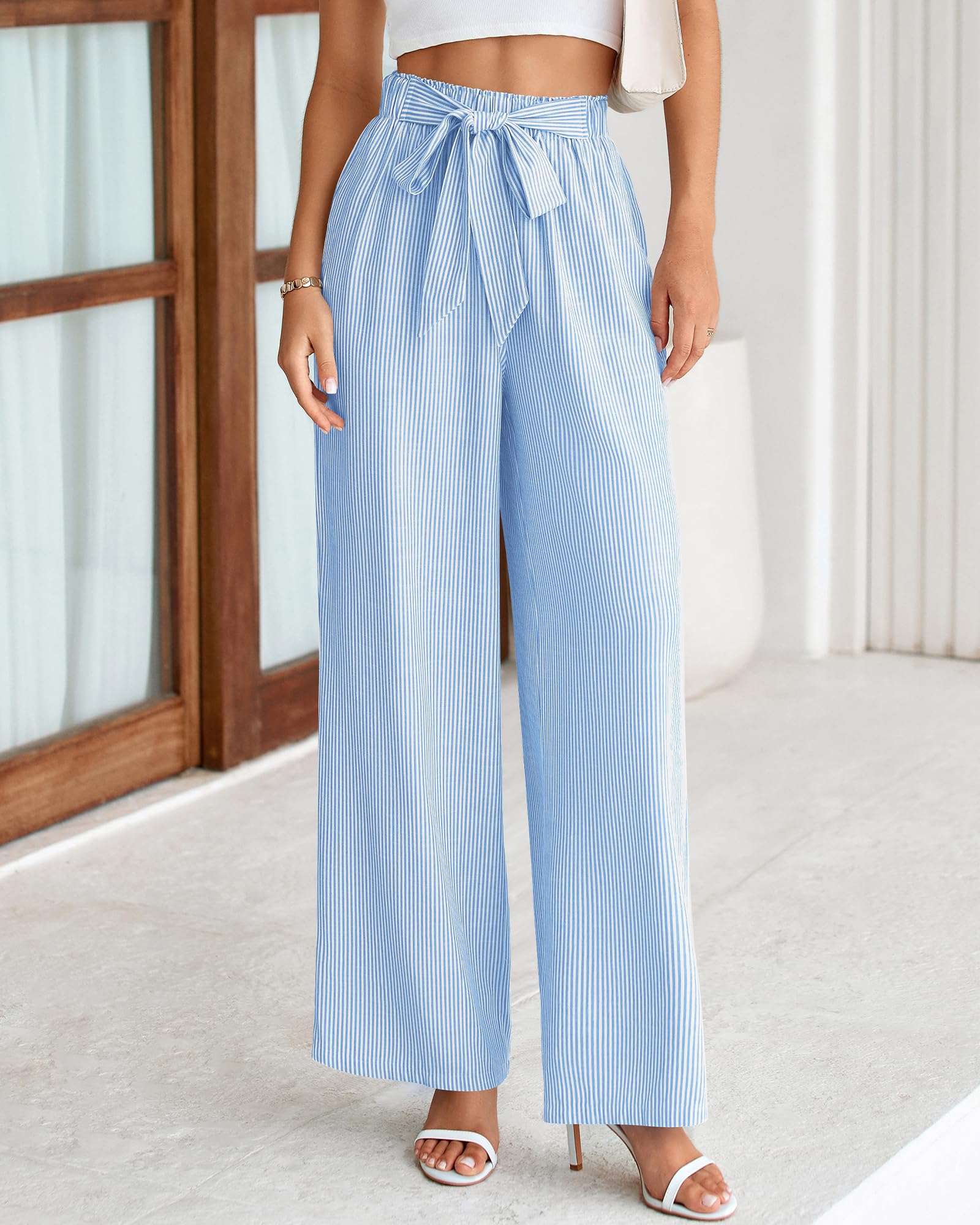 FreshPretty Palazzo Pants for Women  Fall Striped Flowy Tie Knot Wide Leg High Waist Dressy Casual Work Pants Trousers