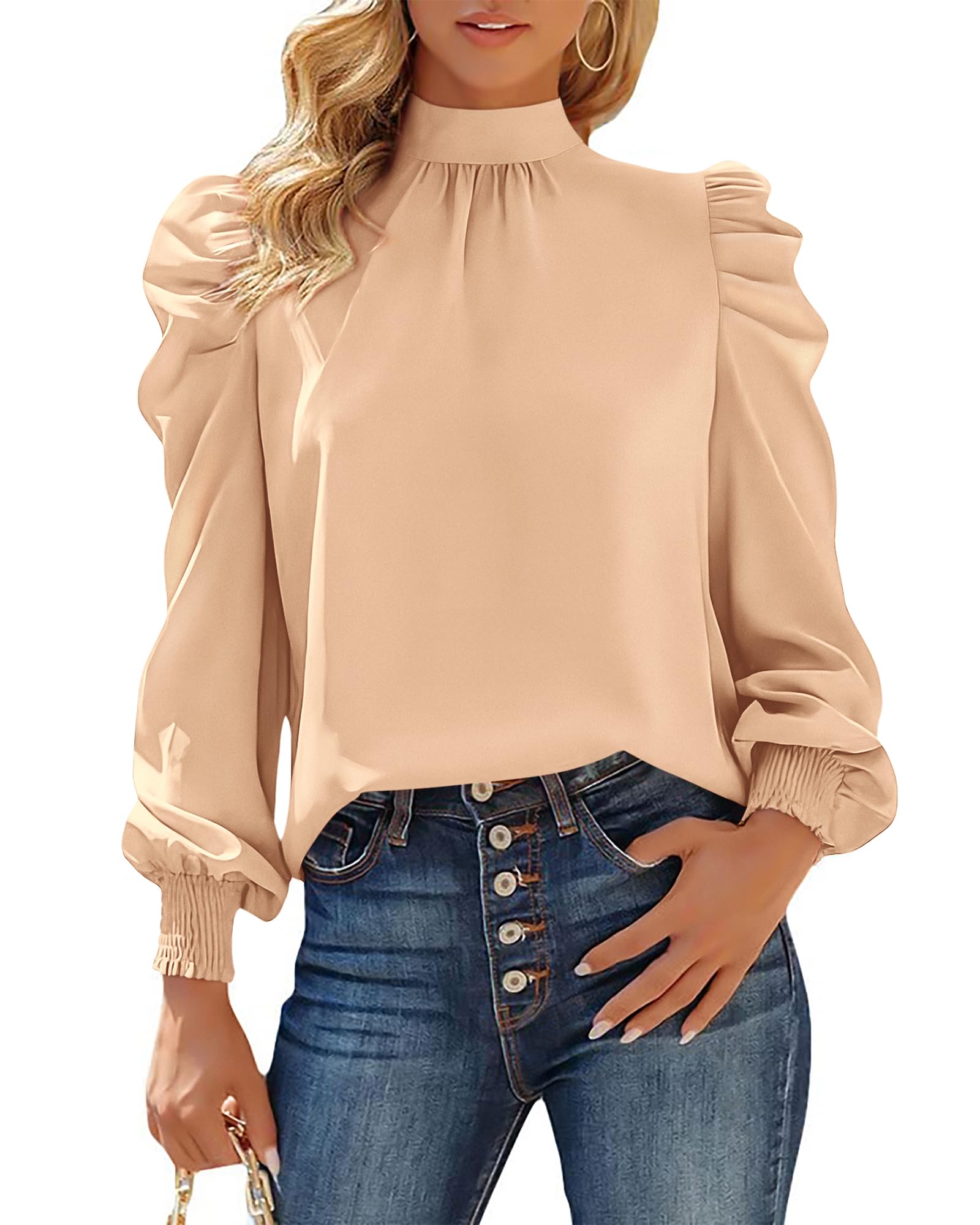 FreshPretty Mock Neck Long Sleeve Blouses for Women Dressy Casual Business Work Shirts Spring Fall Clothes Satin Tops