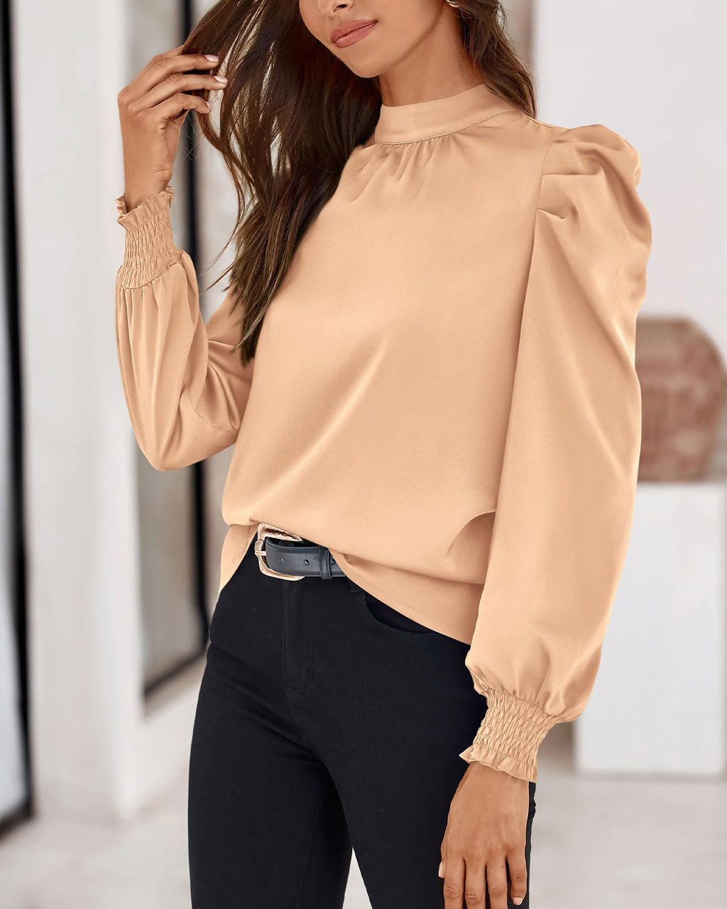 FreshPretty Mock Neck Long Sleeve Blouses for Women Dressy Casual Business Work Shirts Spring Fall Clothes Satin Tops