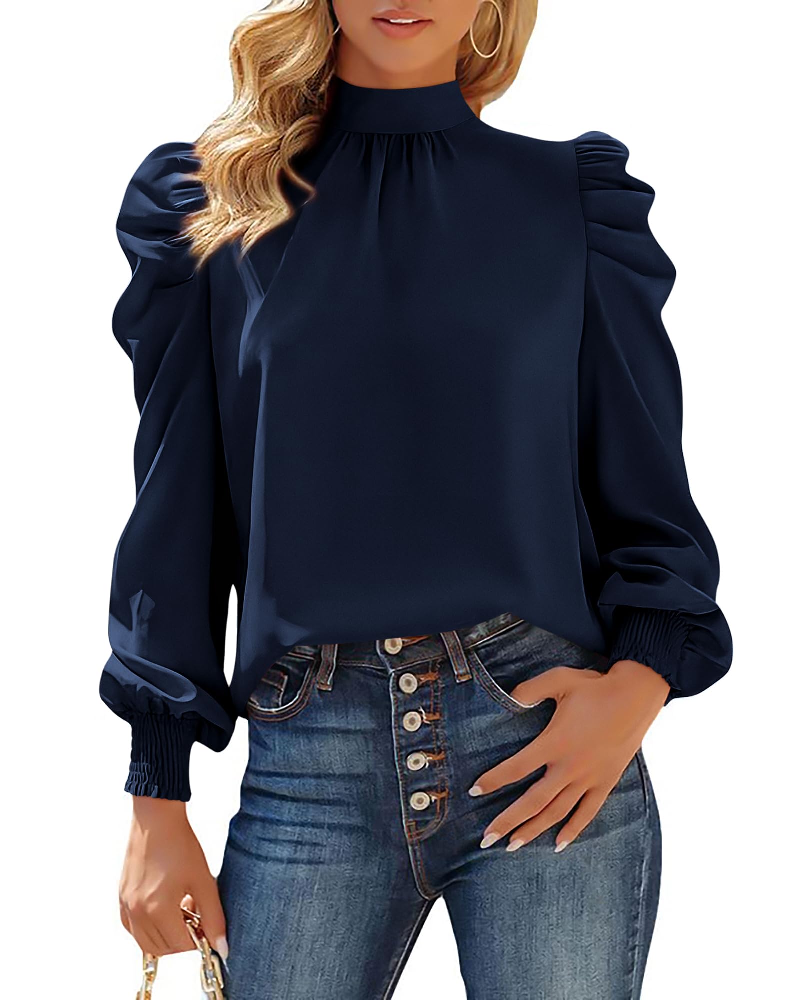 FreshPretty Mock Neck Long Sleeve Blouses for Women Dressy Casual Business Work Shirts Spring Fall Clothes Satin Tops