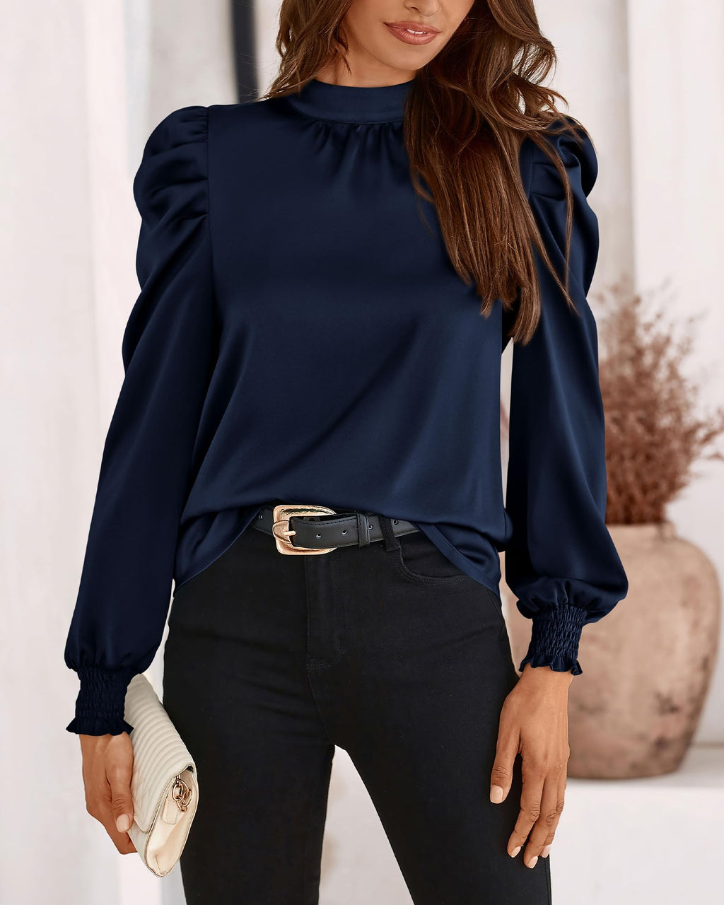 FreshPretty Mock Neck Long Sleeve Blouses for Women Dressy Casual Business Work Shirts Spring Fall Clothes Satin Tops