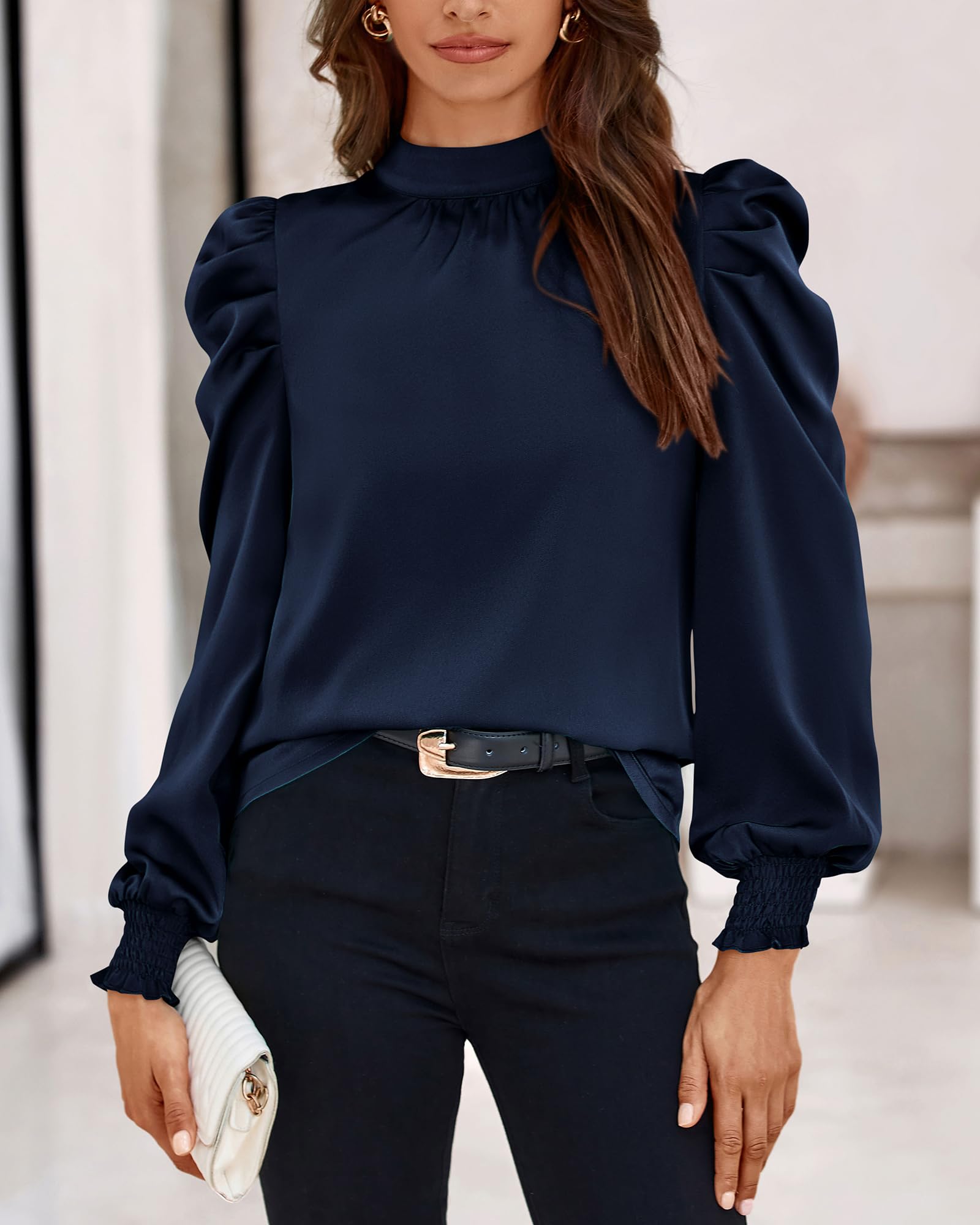 FreshPretty Mock Neck Long Sleeve Blouses for Women Dressy Casual Business Work Shirts Spring Fall Clothes Satin Tops