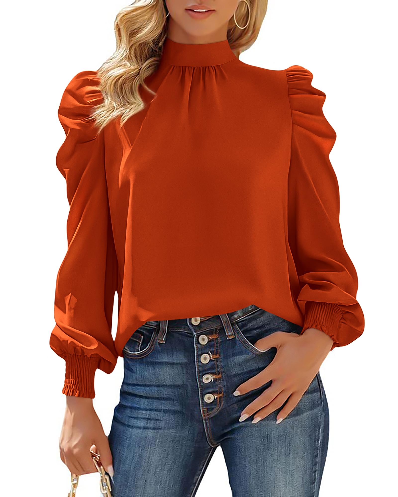 FreshPretty Mock Neck Long Sleeve Blouses for Women Dressy Casual Business Work Shirts Spring Fall Clothes Satin Tops