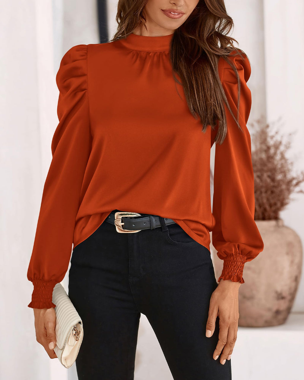 FreshPretty Mock Neck Long Sleeve Blouses for Women Dressy Casual Business Work Shirts Spring Fall Clothes Satin Tops