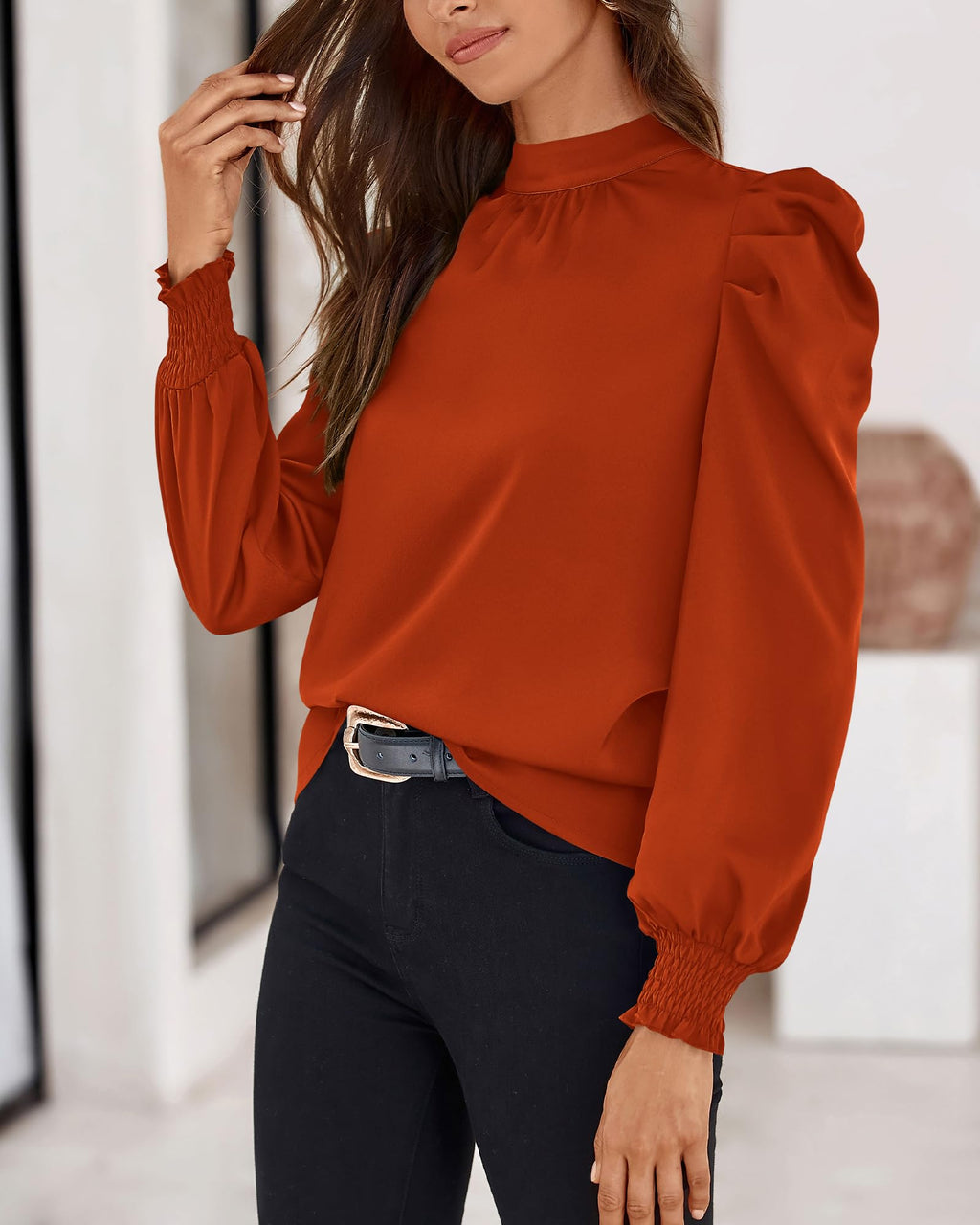 FreshPretty Mock Neck Long Sleeve Blouses for Women Dressy Casual Business Work Shirts Spring Fall Clothes Satin Tops