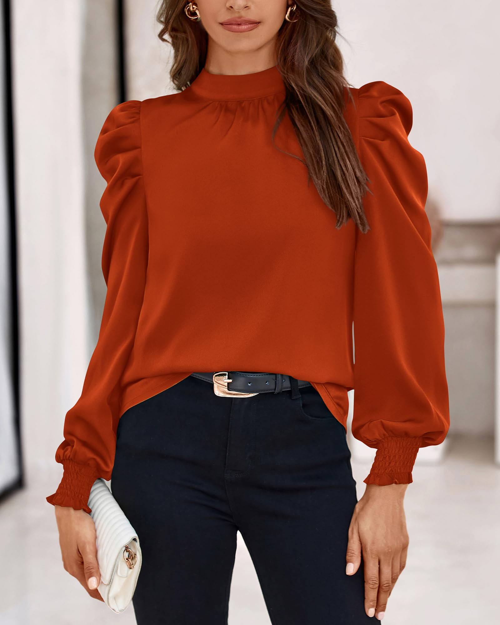 FreshPretty Mock Neck Long Sleeve Blouses for Women Dressy Casual Business Work Shirts Spring Fall Clothes Satin Tops